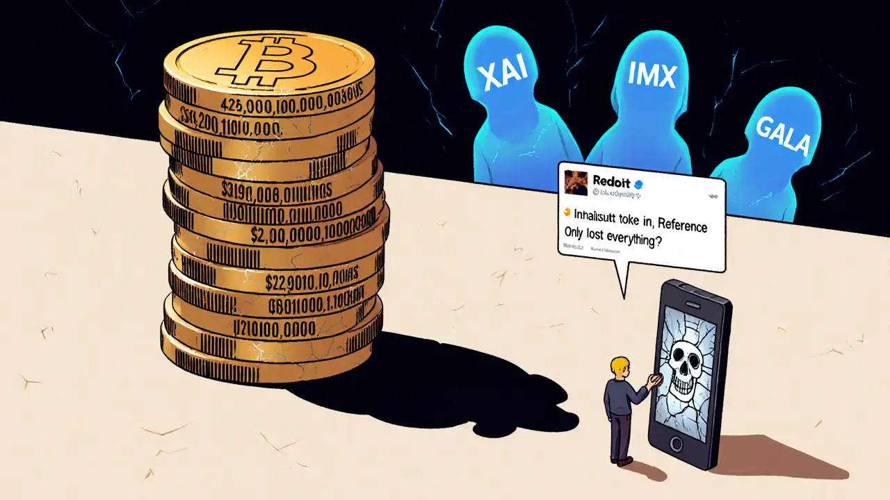 A tiny person tries to sell one token from a massive stack labeled 42.69 quadrillion, with real tokens glowing in the distance.