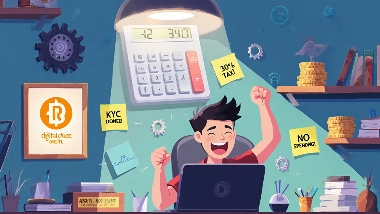 A trader in a messy room surrounded by tax and KYC notes, with a glowing Digital Rupee poster on the wall.