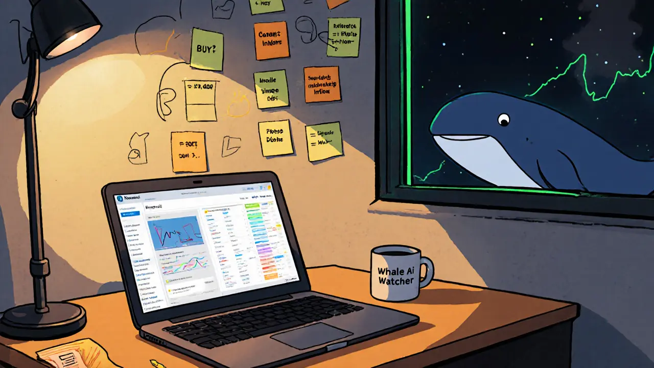A trader’s desk at night with Nansen.ai on screen and sticky notes mapping whale patterns, a cartoon whale watching through the window.