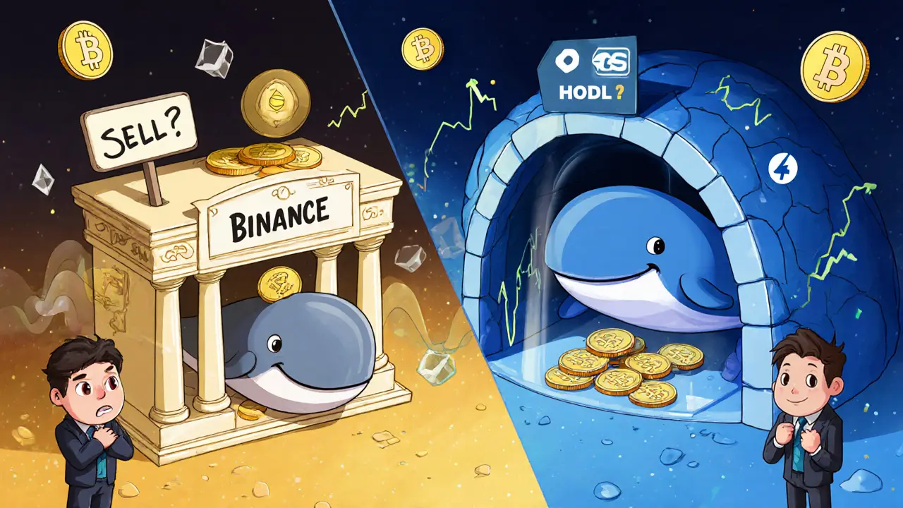 A whale depositing ETH into Binance on one side and withdrawing to a cold wallet on the other, with traders reacting differently.