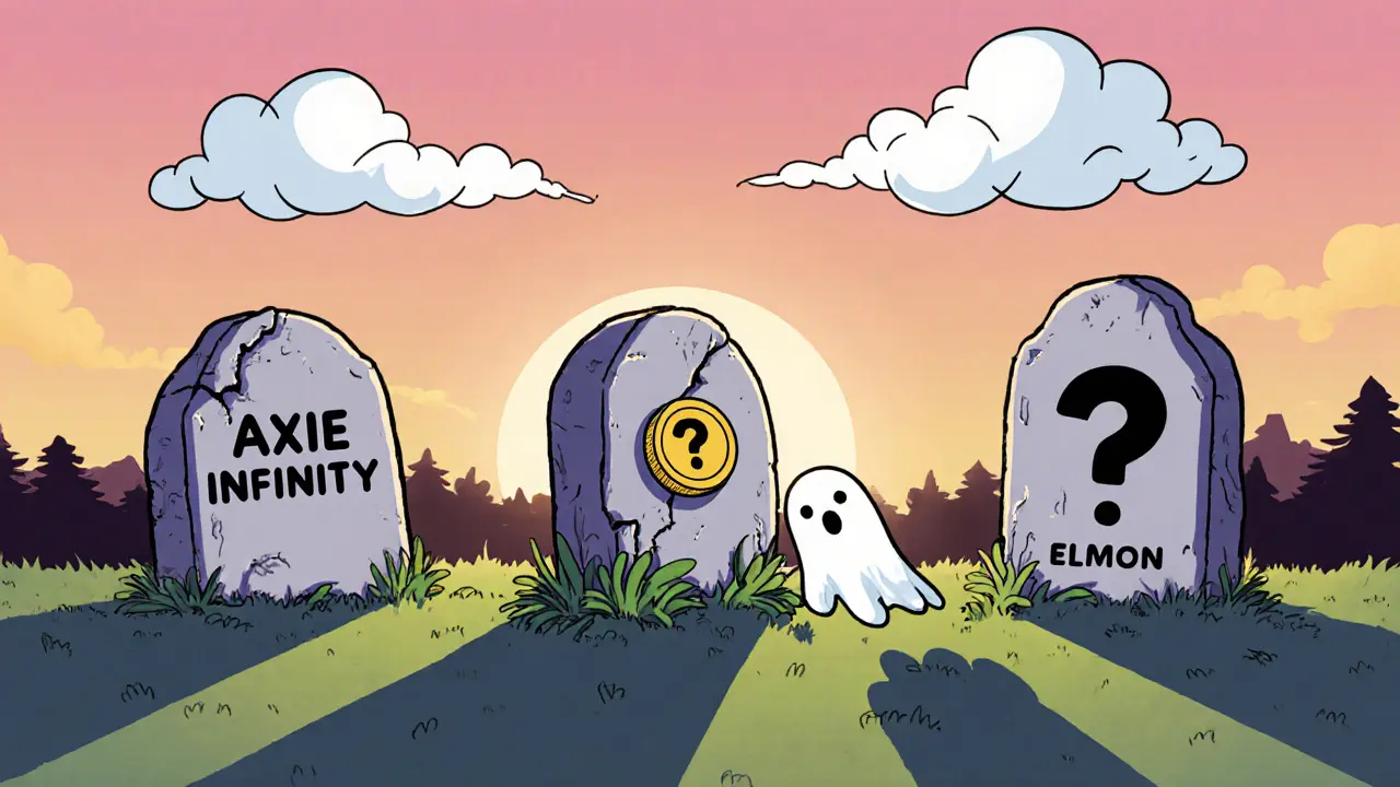 A whimsical crypto graveyard with a cracked ELMON tombstone overgrown in weeds.