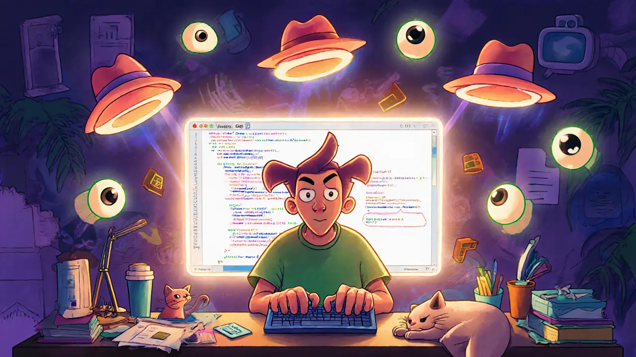 An artist works at a messy desk surrounded by floating visual layers and animated code, with a cat napping on the keyboard.