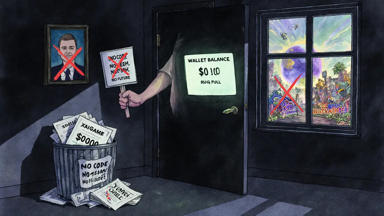 An empty room with a &#039;Wallet Balance: <h2>What should you do if you own XAIGAME?</h2>.00&#039; screen and a trash can full of fake whitepapers, shadows looming.