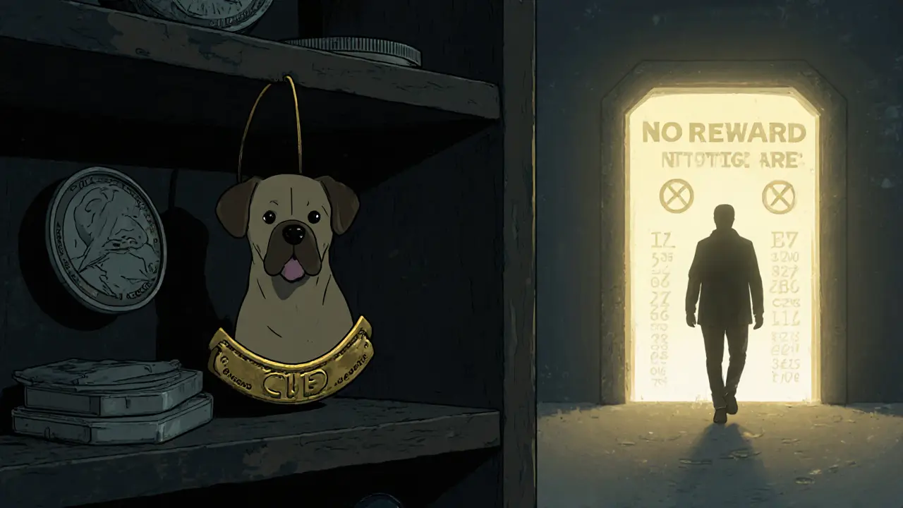 An NFT dog badge on a shelf, fading as a figure walks away from a silent staking portal.