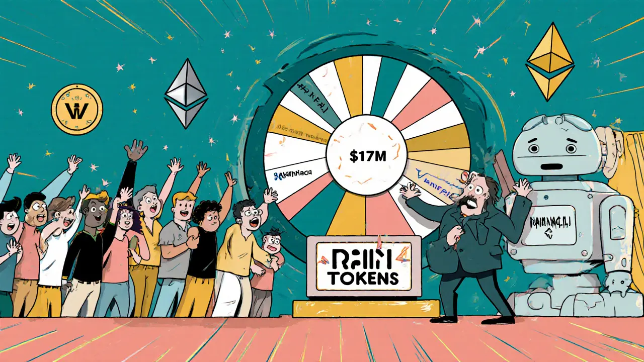 Animated wallets lining up for a fair token auction while a robot blocks a sneaky VC