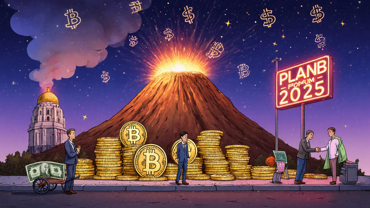 Bitcoin coins stacked like a mountain beside a volcano, with government figures tending it quietly under a neon crypto sign.