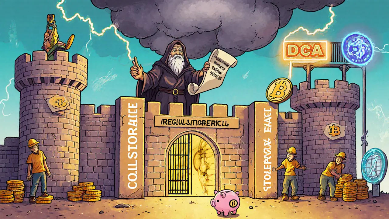 Bitcoin fortress being built with ETF bricks and a wise miner watching, while a new investor approaches with DCA piggy bank.