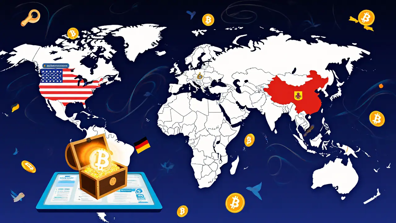 Cartoon countries examining a global blockchain map with crypto coins and police badges flying around.