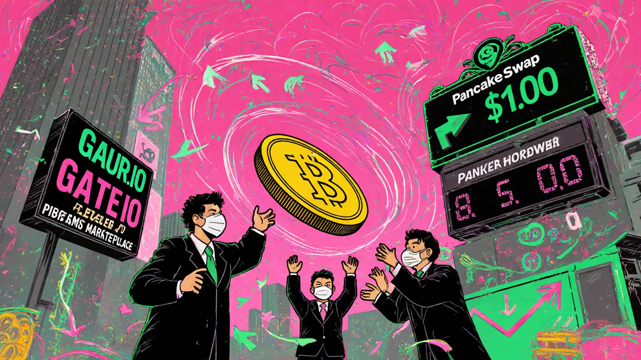 Chaotic marketplace with traders passing a giant TAUR token, giant Gate.io sign in background, tiny PancakeSwap with .00 label.