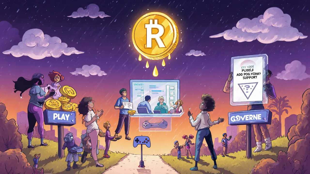 Community members earning and voting on RAIN token rewards through gameplay and governance