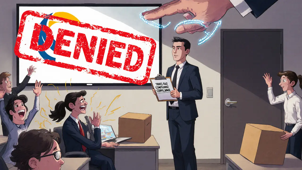 Crypto employees pack up as a compliance officer enforces strict Travel Rule rules.