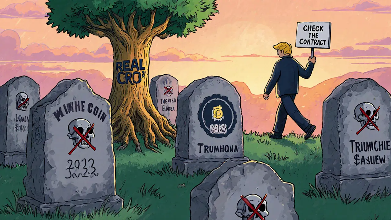 Crypto token graveyard with &#039;CRO Trump AI&#039; tombstones, one real CRO tree growing in distance.