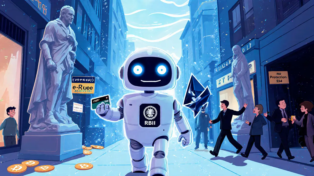 Digital Rupee robot handing out payment cards as crypto statues crumble in the background.