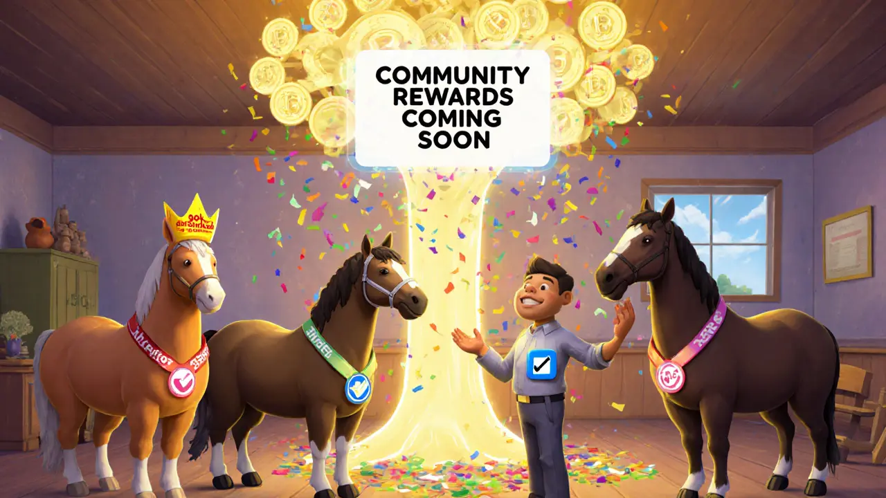 Early players celebrate around a token tree with NFT horses wearing achievement crowns.