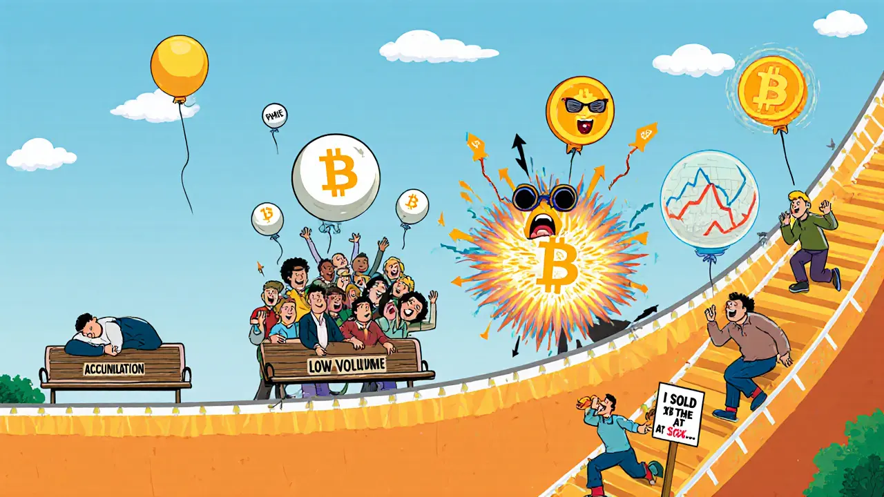 Emotional rollercoaster of Bitcoin cycles with exaggerated cartoon faces and falling price charts.