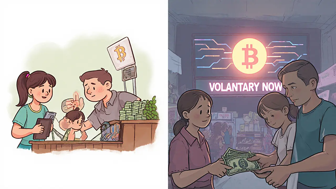 Family paying for groceries with cash, while a faded Bitcoin billboard glows softly in the background.
