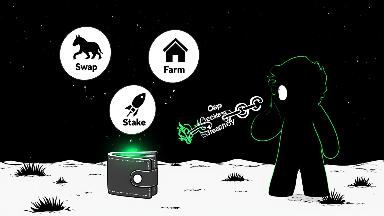 Four DeFi icons floating above a barren digital landscape with a fading Core blockchain.