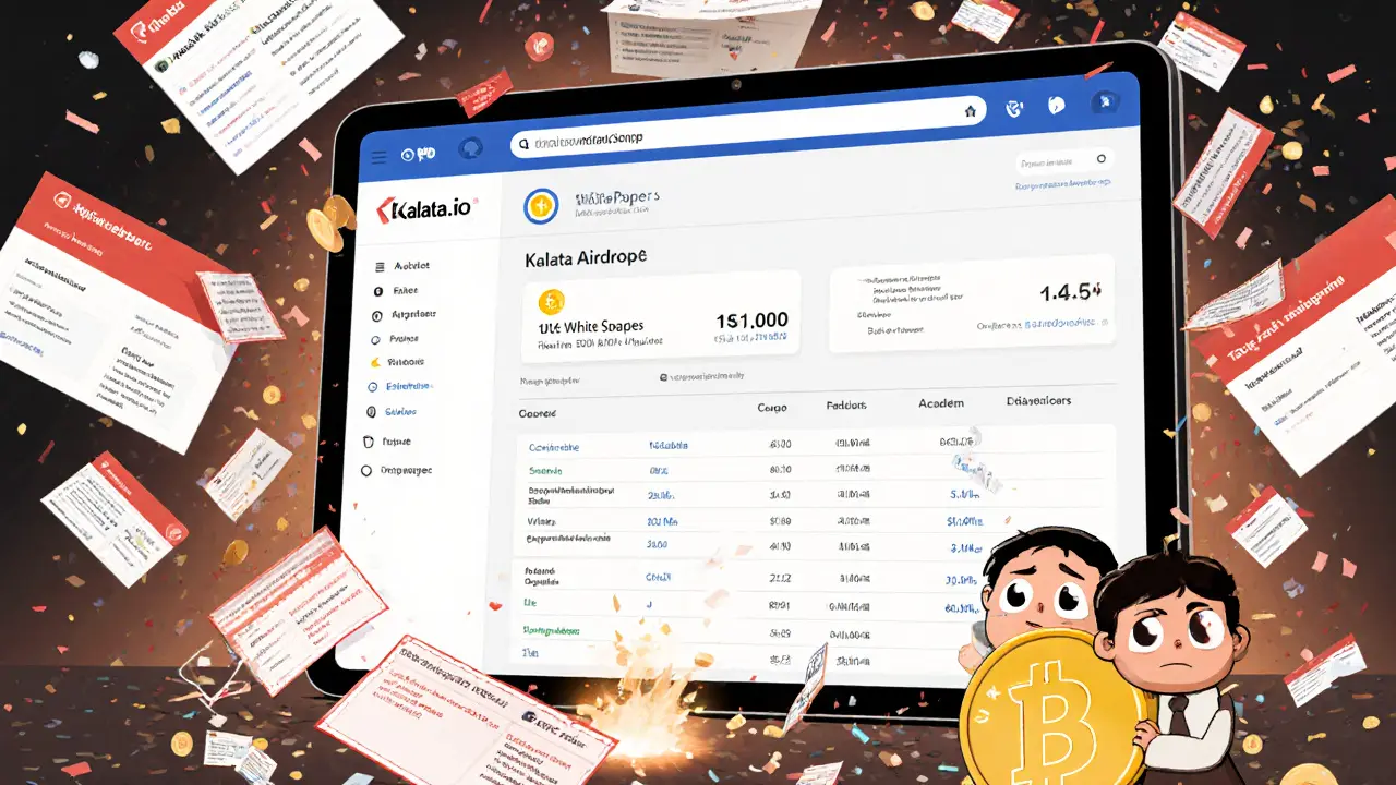 Official Kalata website with no airdrop page, surrounded by chaotic phishing sites.