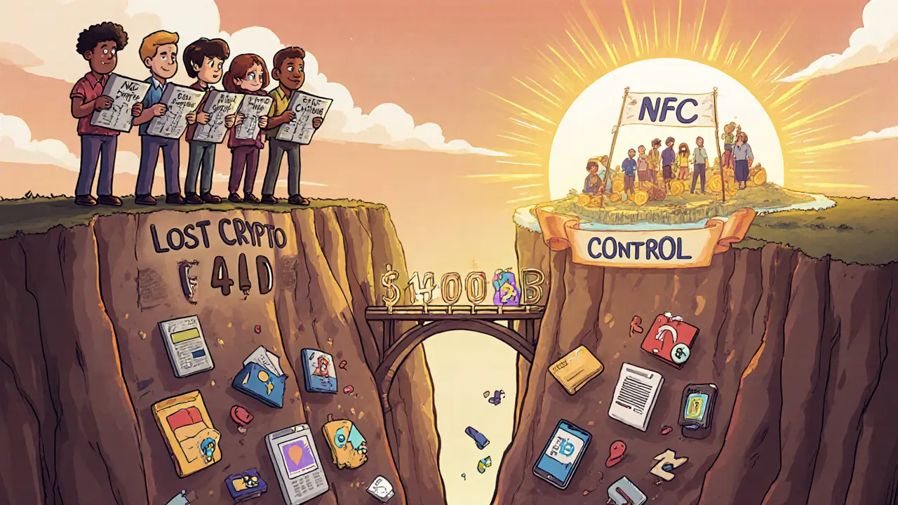 People holding metal backup plates on a cliff above lost crypto, crossing a bridge to safety with NFC cards.