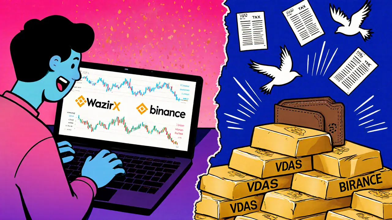 Person trading crypto legally on a laptop while gold bars and tax forms surround them.