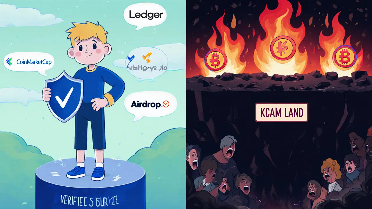 Safe crypto user protected by a wallet shield, standing on verified sources away from scam pits.