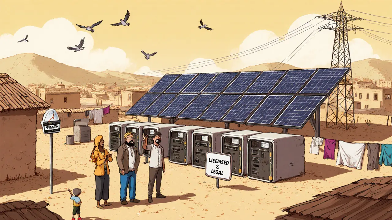 Solar-powered mining rigs on a village rooftop with a licensed sign and happy families nearby.
