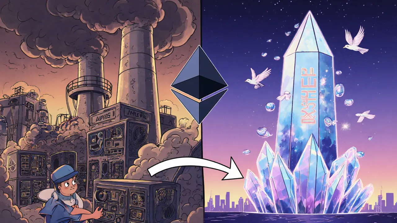 Split illustration: chaotic Bitcoin mining on left, sleek Proof of Stake tower on right.