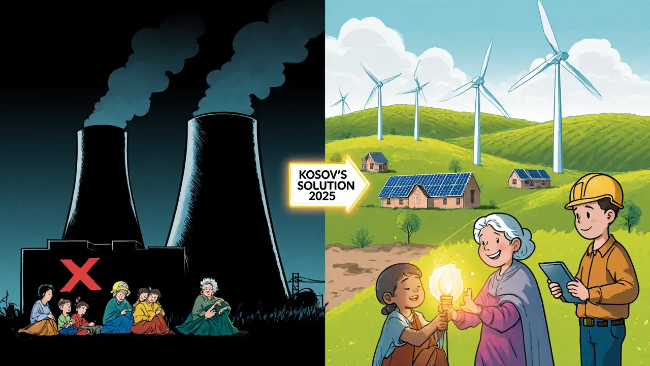 Split scene: dark blackout on left, green energy future on right, symbolizing Kosovo&#039;s energy turnaround.