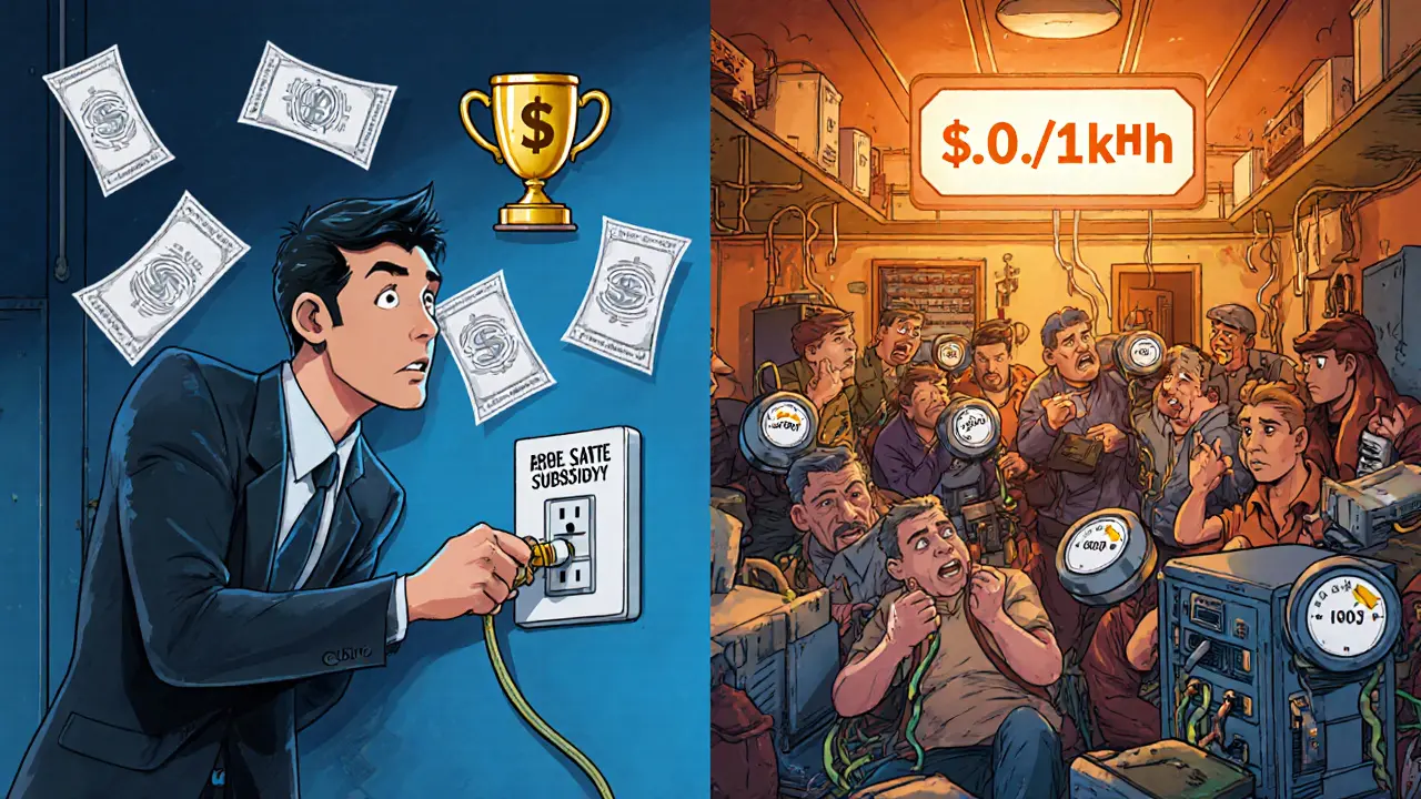 Split scene: licensed miner with official permits vs. illegal miners in garages using household electricity.