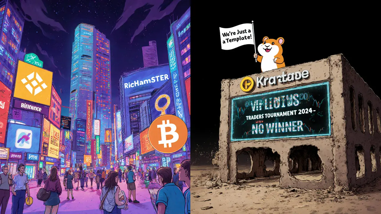 Split scene: lively real exchanges vs. a hollow RicHamster shell with a flickering tournament notice.