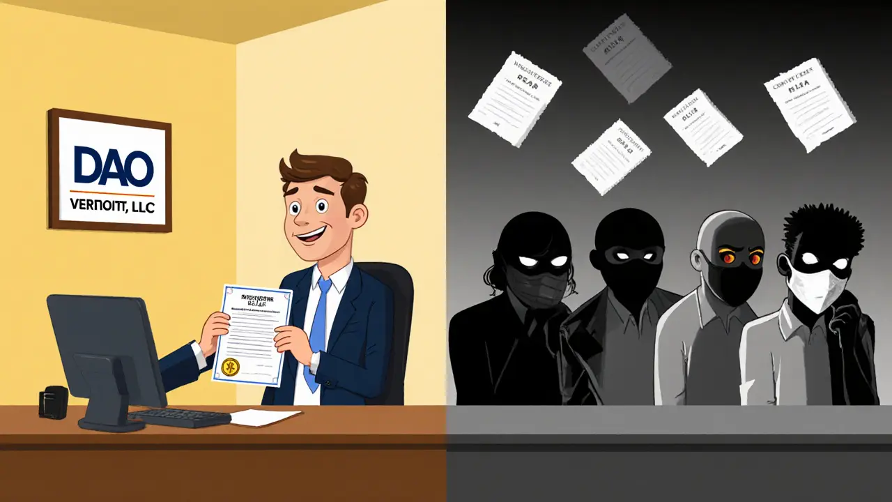 Split scene: one side shows a legal DAO registering in Vermont, the other shows hidden members facing lawsuits.