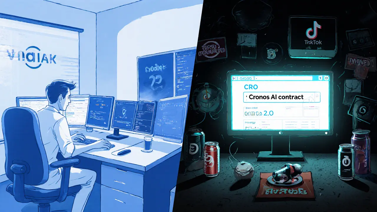 Split scene: professional Crypto.com office vs. chaotic basement with a ticking &#039;Pump &amp; Dump&#039; bomb.