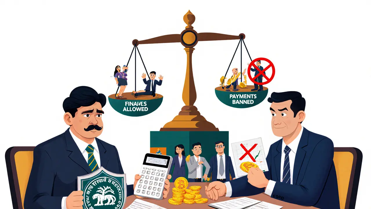 Three cartoon regulators arguing over crypto rules, with a scale balancing trading rights against payment bans.