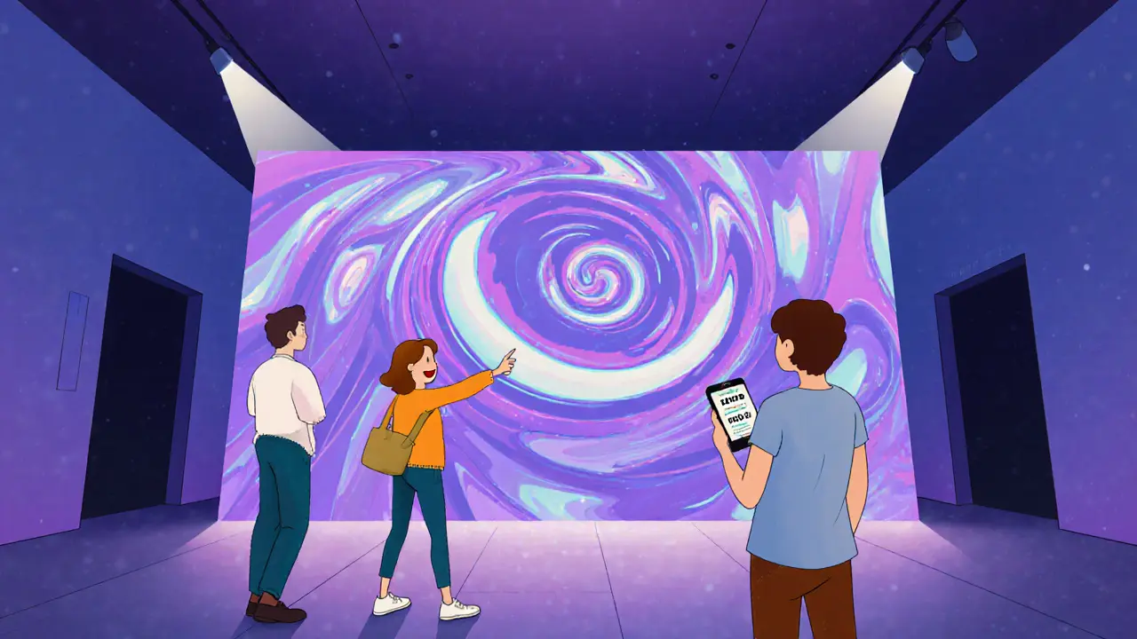 Visitors admire a large generative NFT projection in a museum, its shifting patterns illuminated by soft spotlights.