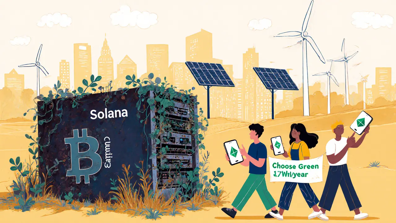 Young people walking past abandoned Bitcoin mining gear toward green crypto alternatives.