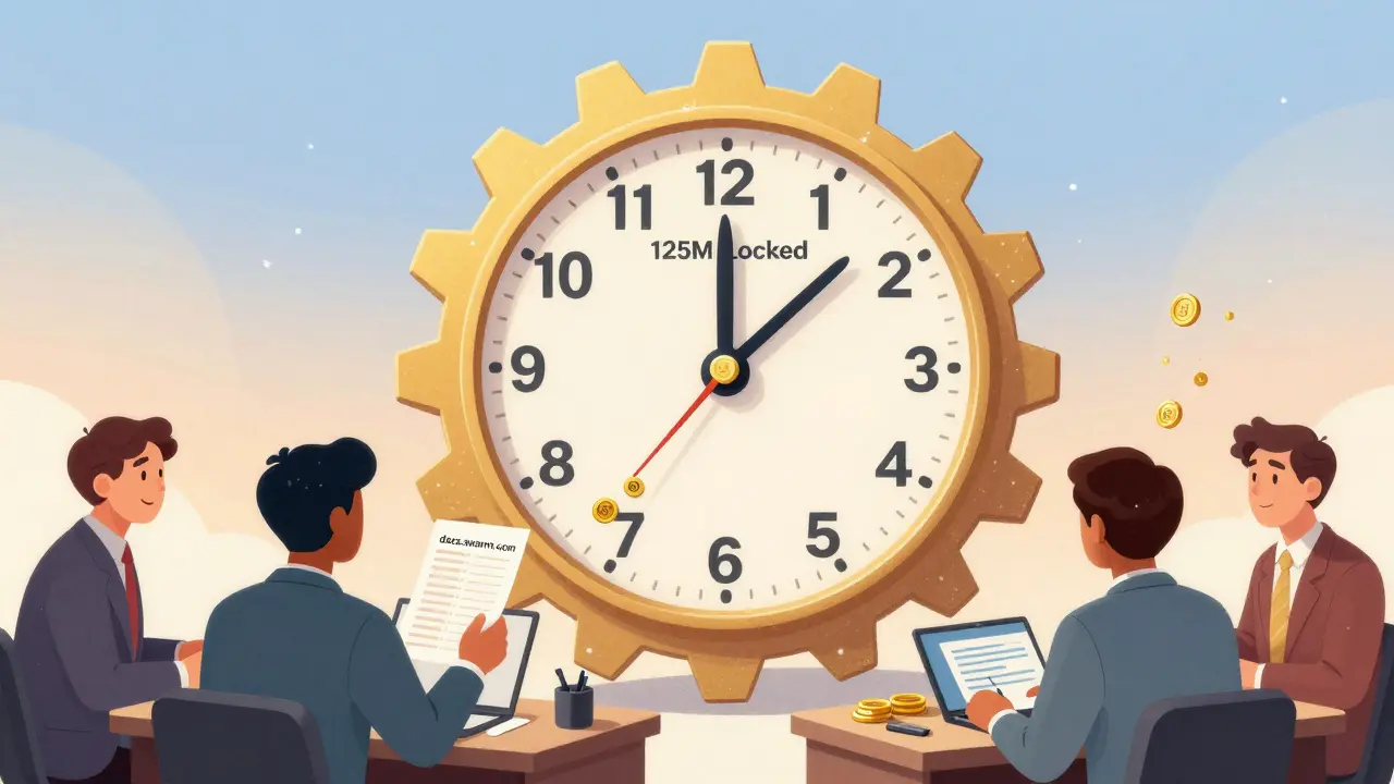 A 100-year reward clock releasing SMT tokens slowly, with users voting and reading platform docs.