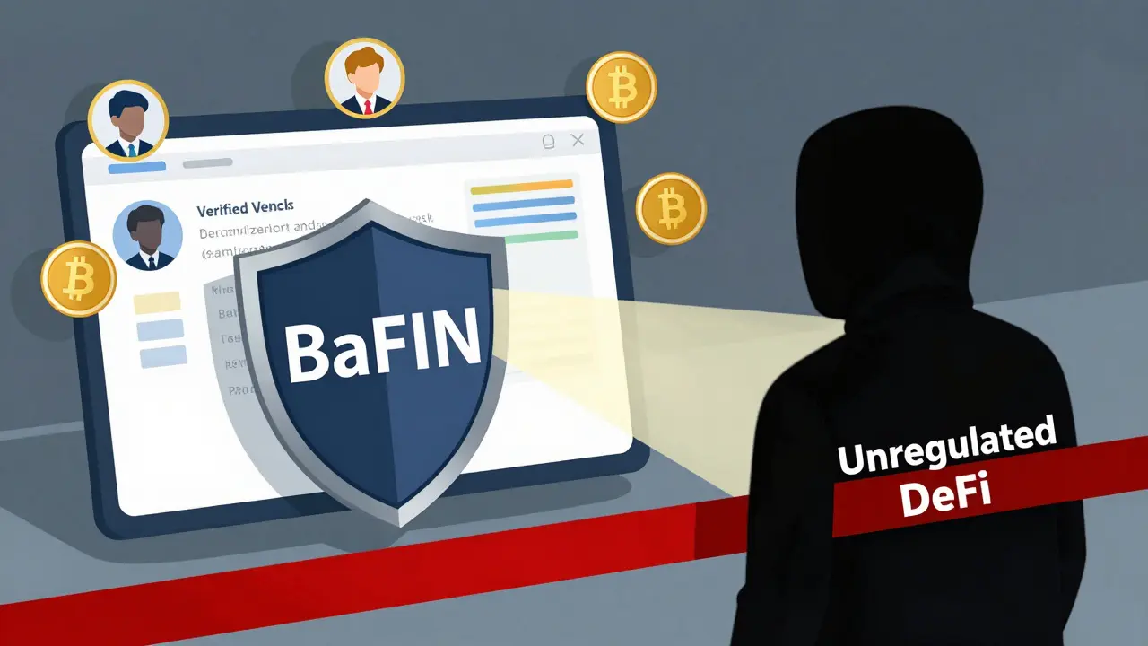 A BaFIN-regulated DeFi platform protected from unregulated crypto, with verified users trading assets.