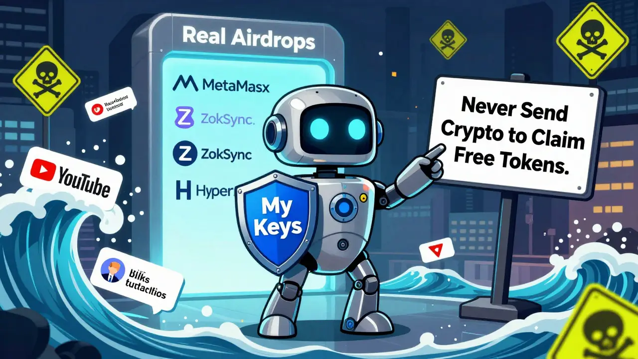 A brave wallet robot stands against a flood of phishing links, pointing to a safe portal for real airdrops.