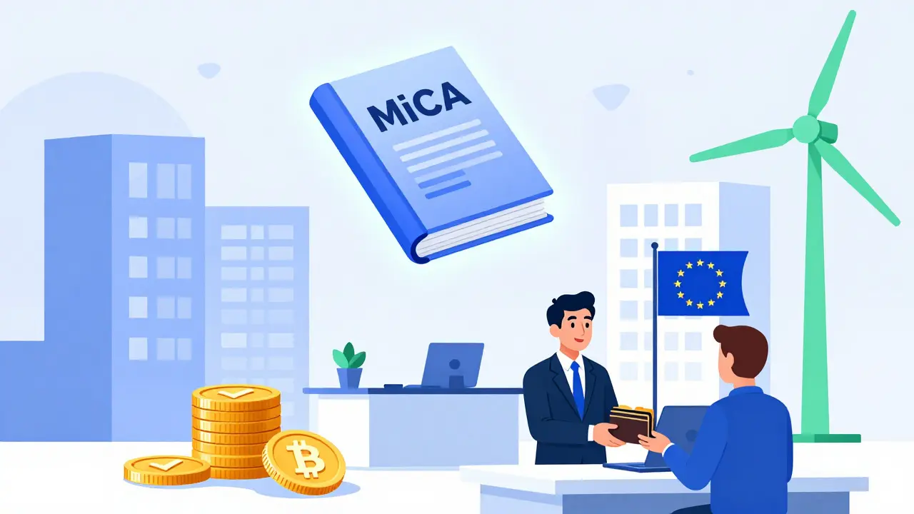 A calm European office with a glowing MiCA lawbook and stablecoins.