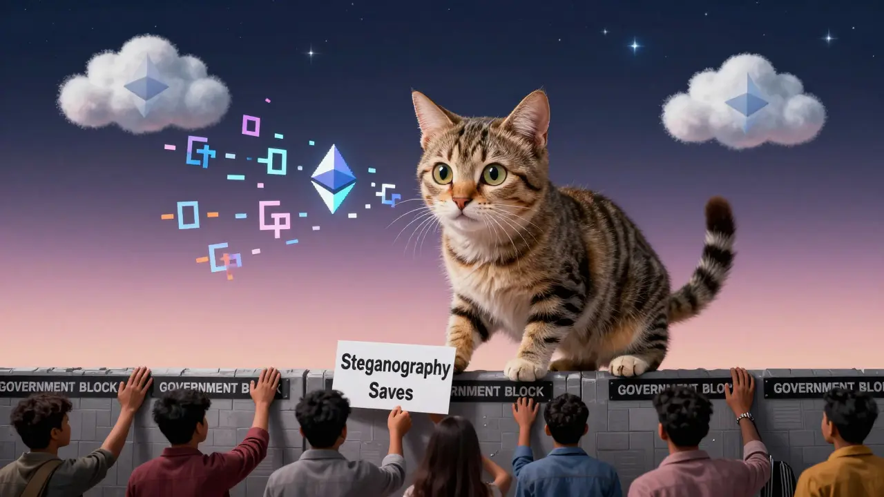 A cat photo with hidden transaction data being passed through a censorship wall, while DEX contracts glow in the sky above.