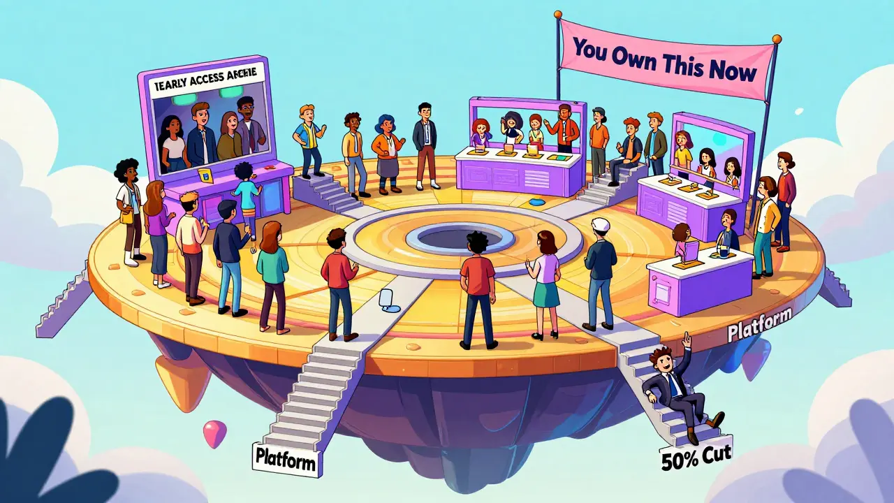 A diverse community gathers in a floating token-shaped hub with tiers for access, voting, and revenue sharing.
