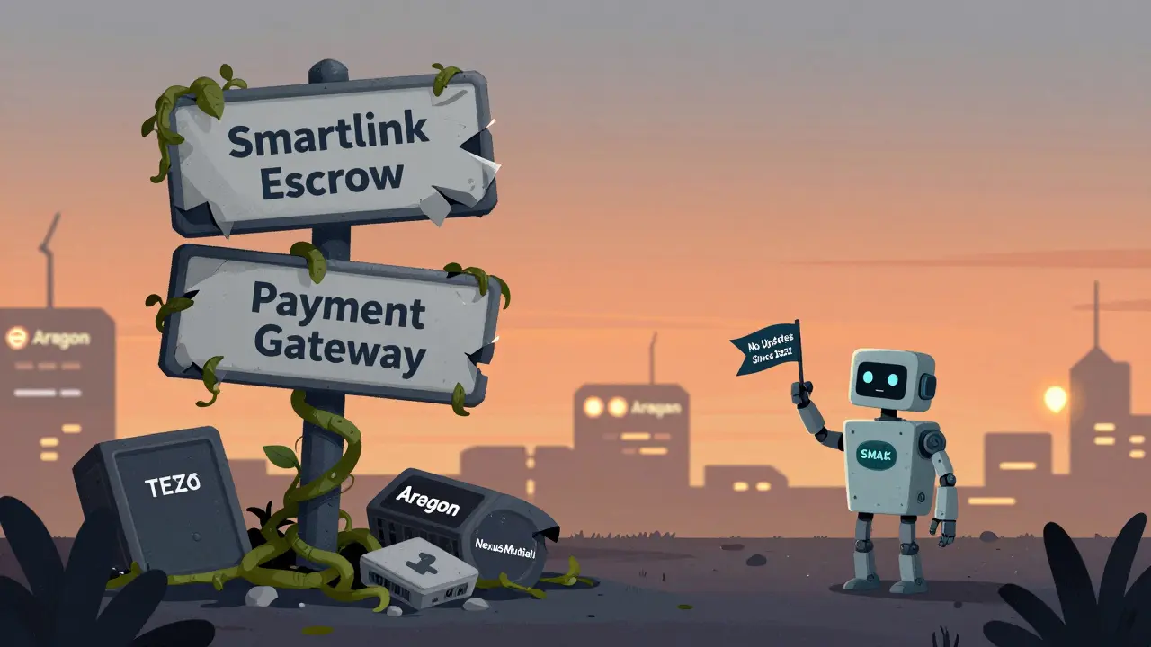 A forgotten Smartlink marketplace overgrown with vines, a robot with a token head waves a &#039;No Updates Since 2022&#039; flag under a fading sky.