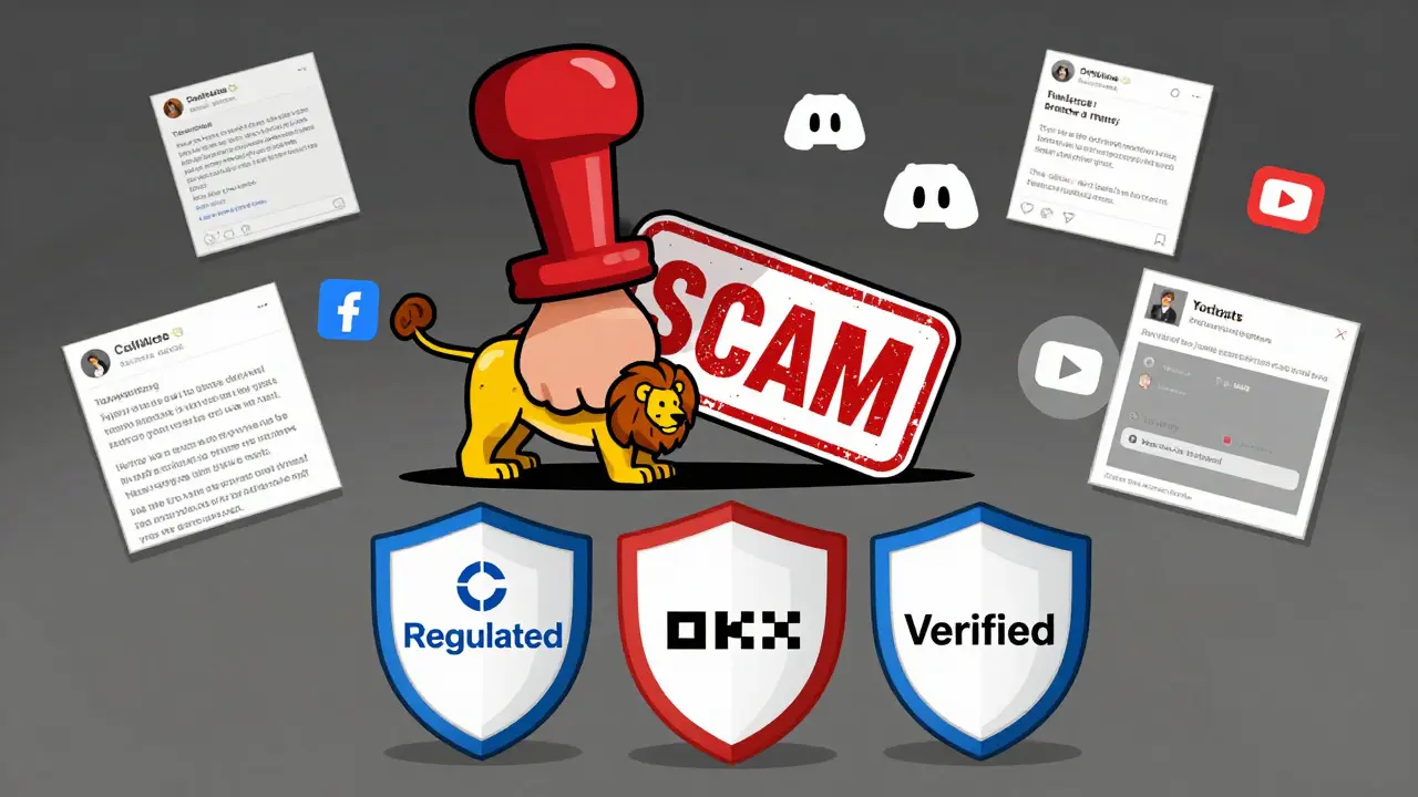 A giant &#039;SCAM&#039; stamp crushing a lion logo, with real exchanges standing strong beside it.