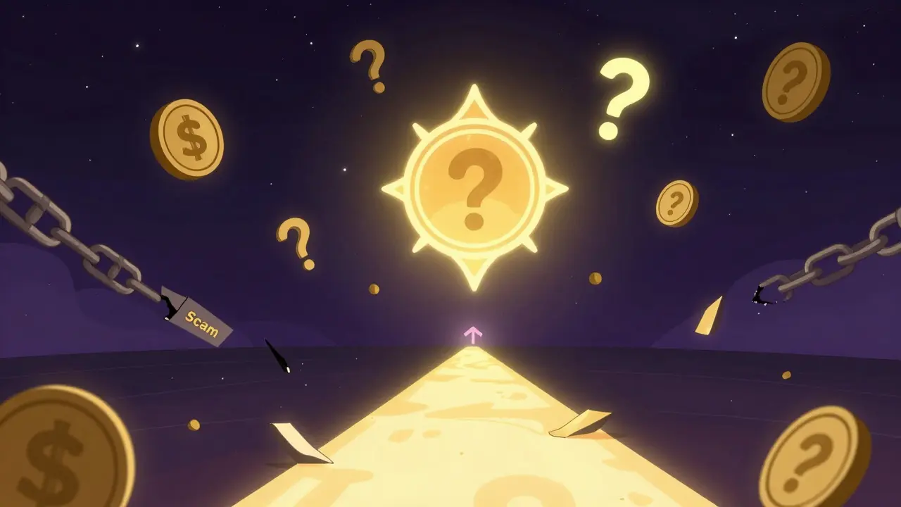 A glowing Genesis NFT floats in space, surrounded by scam tokens, with a path leading to a distant mainnet.