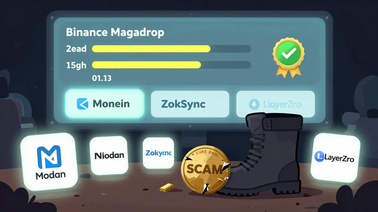 A legitimate airdrop dashboard glows brightly while a discarded CAKEBANK token lies crushed underfoot among trusted crypto logos.