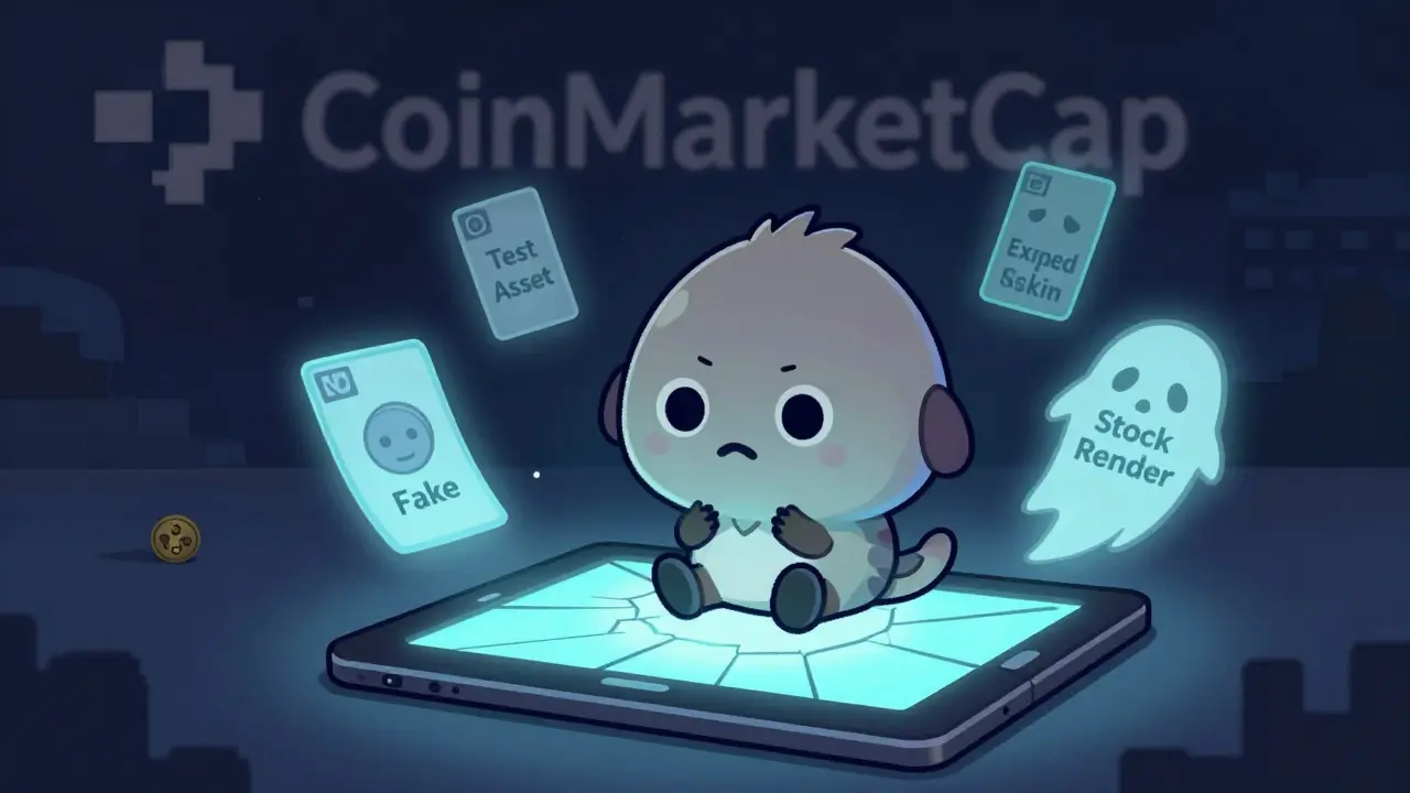 A lonely digital pet sits surrounded by ghostly fake NFTs, as a CoinMarketCap logo fades away in the background.