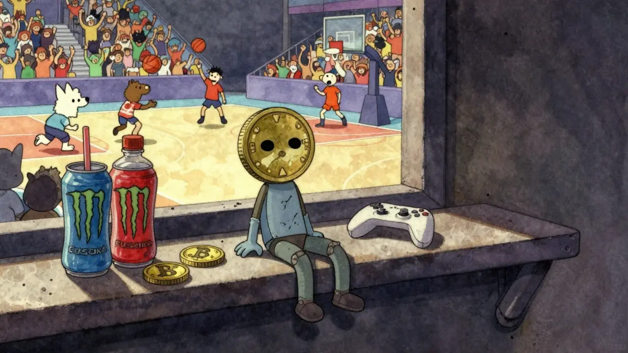 A lonely FUSAKA token forgotten on a shelf while other meme coins play basketball in a vibrant arena.