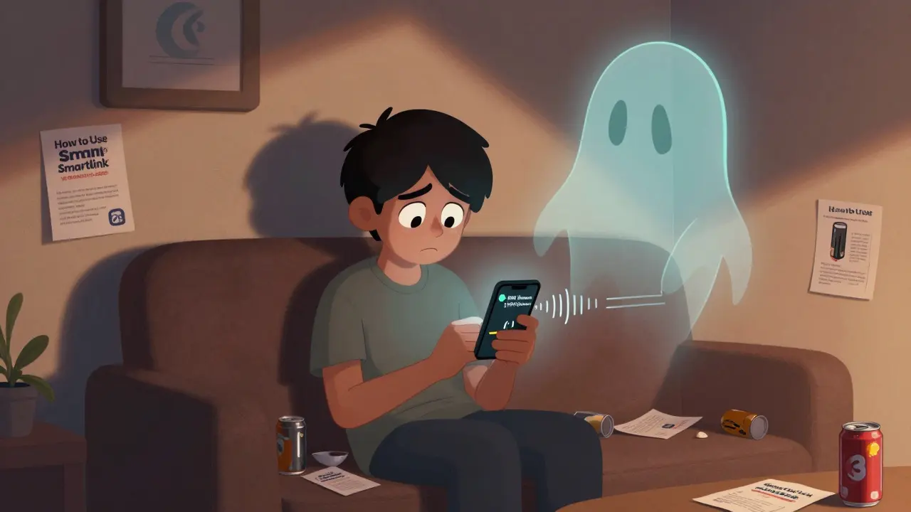 A lonely person stares at a phone showing millions of SMAK tokens with a zero trading volume chart, surrounded by empty cans and forgotten flyers.