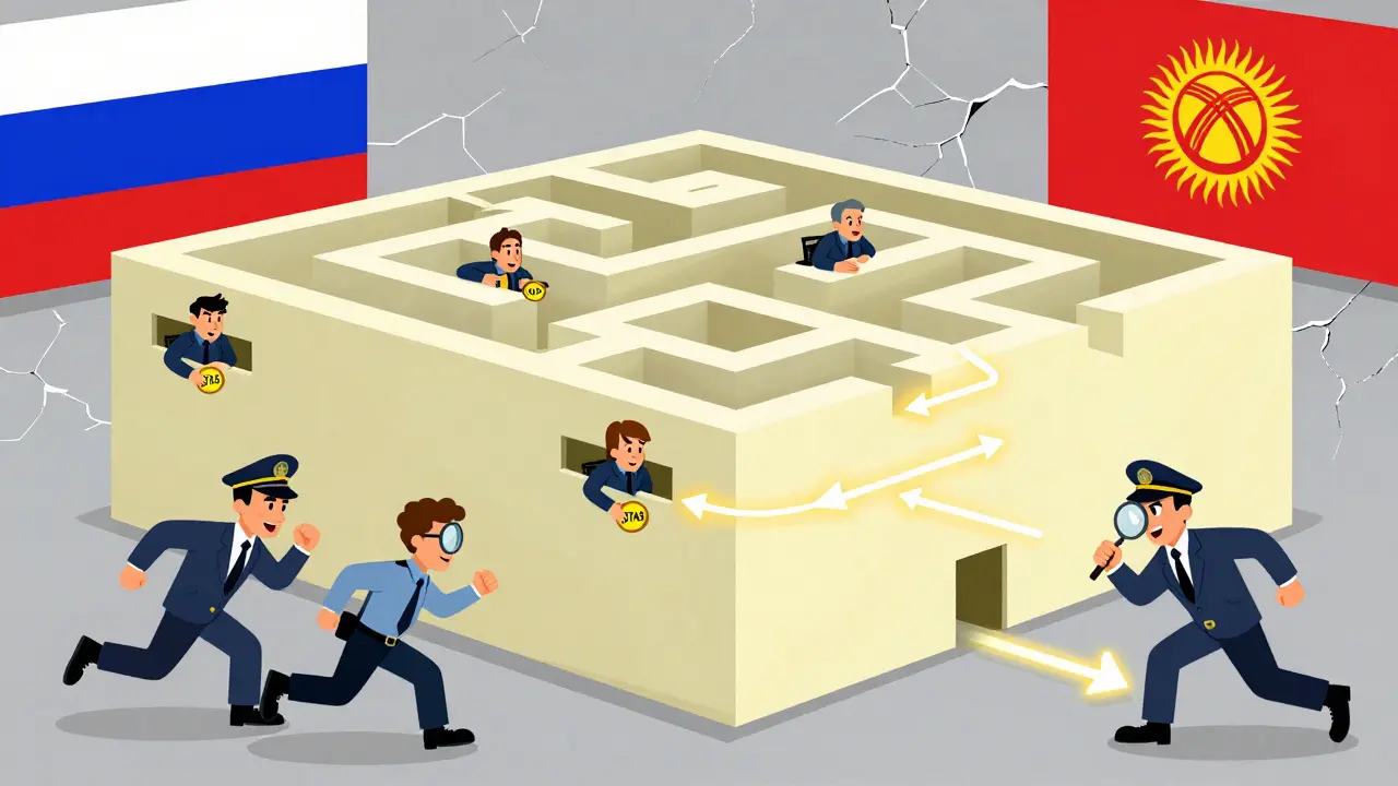 A maze-like exchange building with employees escaping Treasury agents through blockchain arrows.