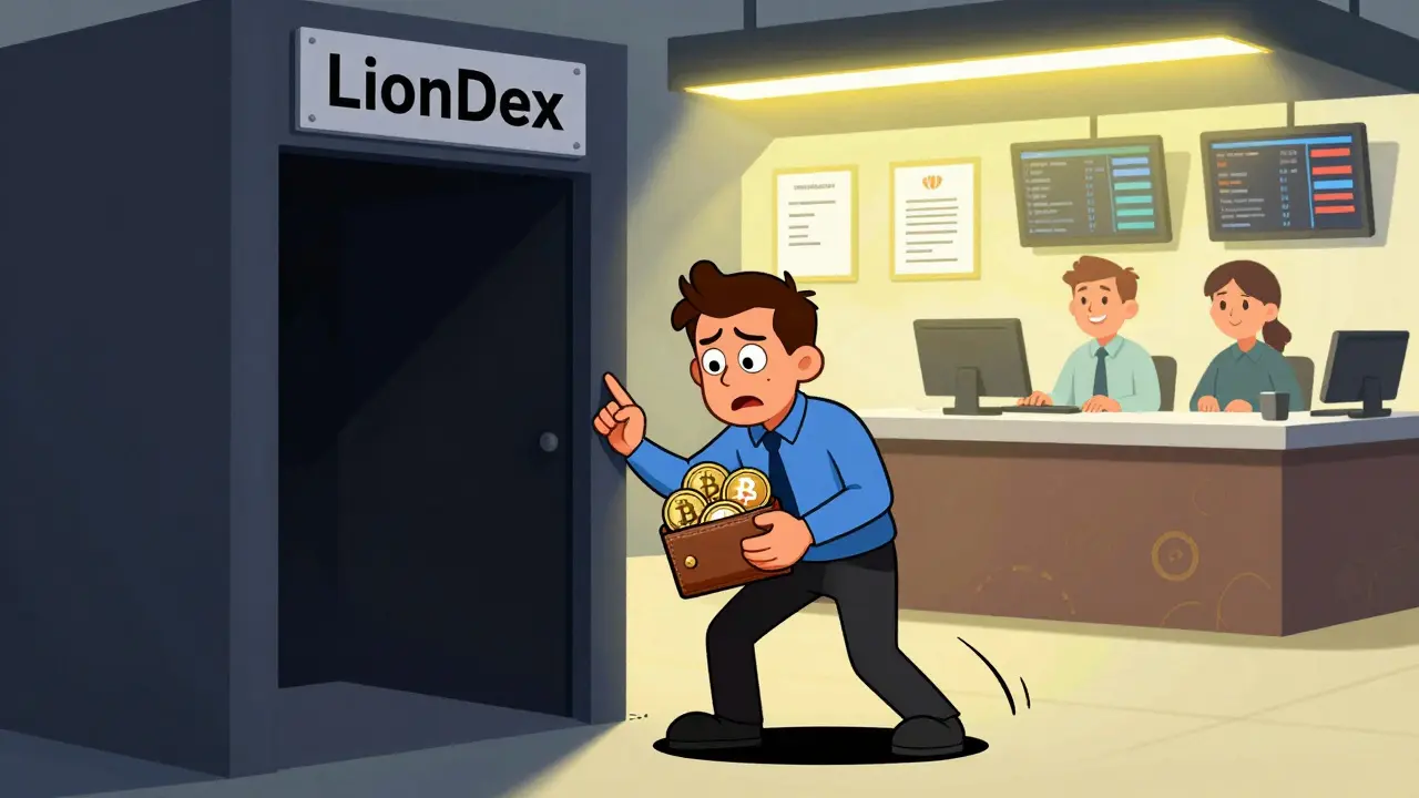A nervous trader approaching a dark LionDEX booth while real exchanges glow warmly in the background.
